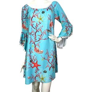 Patti Biggs CoverUp Dress Small Blue Pom Pom Coral Shell Beachy Ocean 50 UV